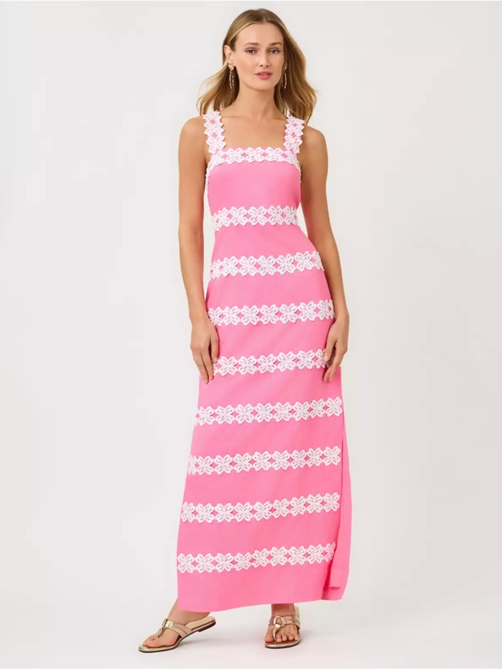 Lilly Pulitzer David Confetti Pink Maxi Dress with White Lace Trim